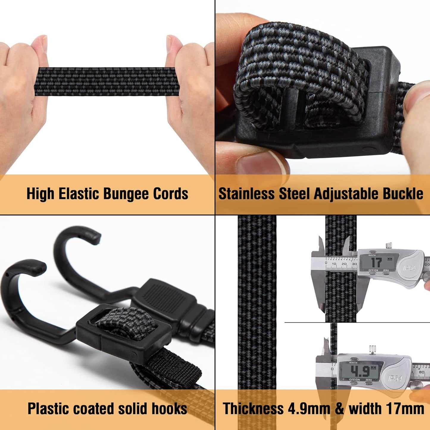 Bungee Cords with Hooks Heavy Duty, Flat Adjustable Bungee Cords with Hooks 80 Inch, Rubber Black Bungee Straps with Buckle Hooks for Outdoor, Camping, Tarps, Bike Rack, Tent, Truck, 4 Pack
