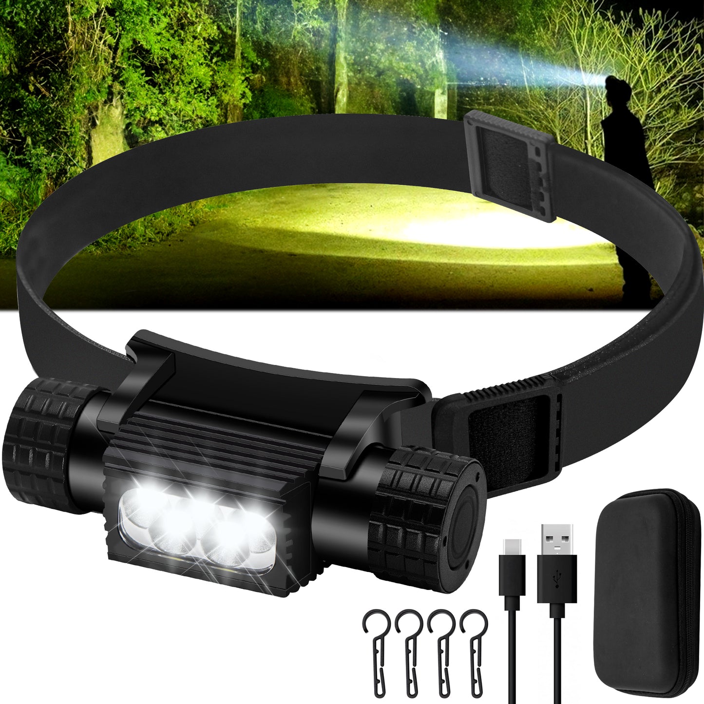 Headlamp Rechargeable, 2000 Lumen Super Bright LED Head Lamp for Adults, IP67 Waterproof Rechargeable Headlight with 9 Modes, Head Flashlight with 2600 mAh for Outdoor Camping Hiking Fishing Running