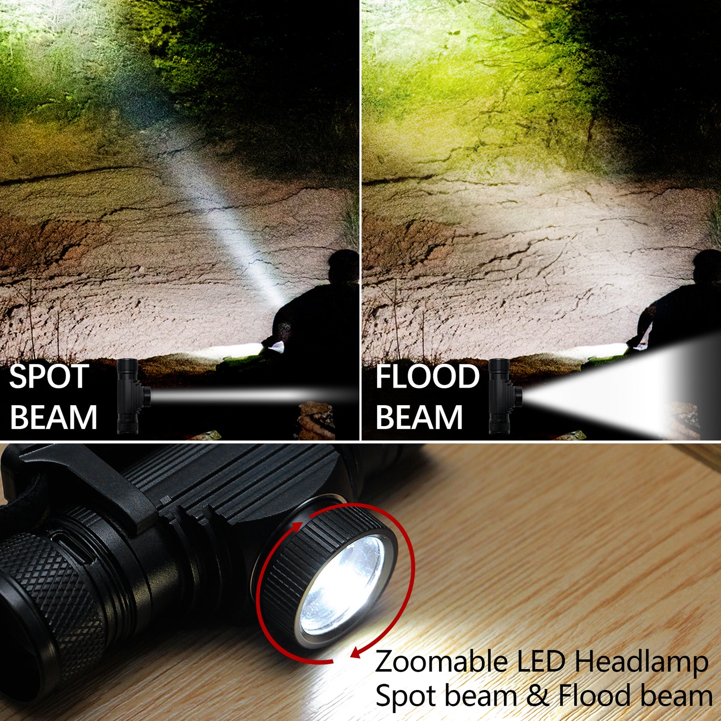 Headlamp Rechargeable, 1200 Lumen Zoomable LED Head Lamp for Adults, IP66 Waterproof Rechargeable Headlight with 9 Modes, Super Bright Head Flashlight with 2600 mAh for Outdoor Camping Hiking Running