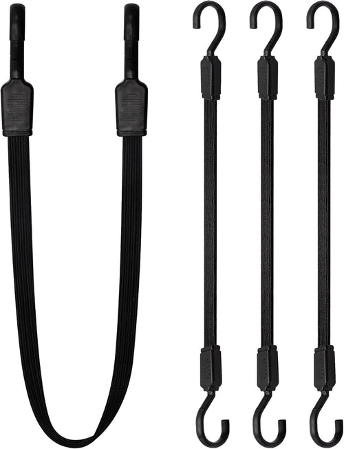 Bungee Cords with Hooks Heavy Duty, 4 Pack Long Flat Bungee Cords 12 Inch, Rubber Black Bungee Straps with Metal Buckle Hooks for Outdoor, Camping, Tarps, Bike Rack, Tent, Car, Truck