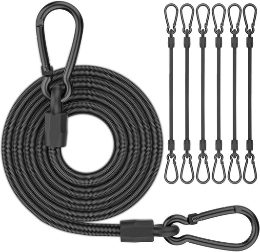 Bungee Cords, 12 inch Black Bungee Cords with Carabiner Hooks for Camping, Heavy Duty Outdoor High Strength Short Strong Elastic Bungee Cord Rope with Clips On Both Ends for Bike Rack Tarps, 6 Pack