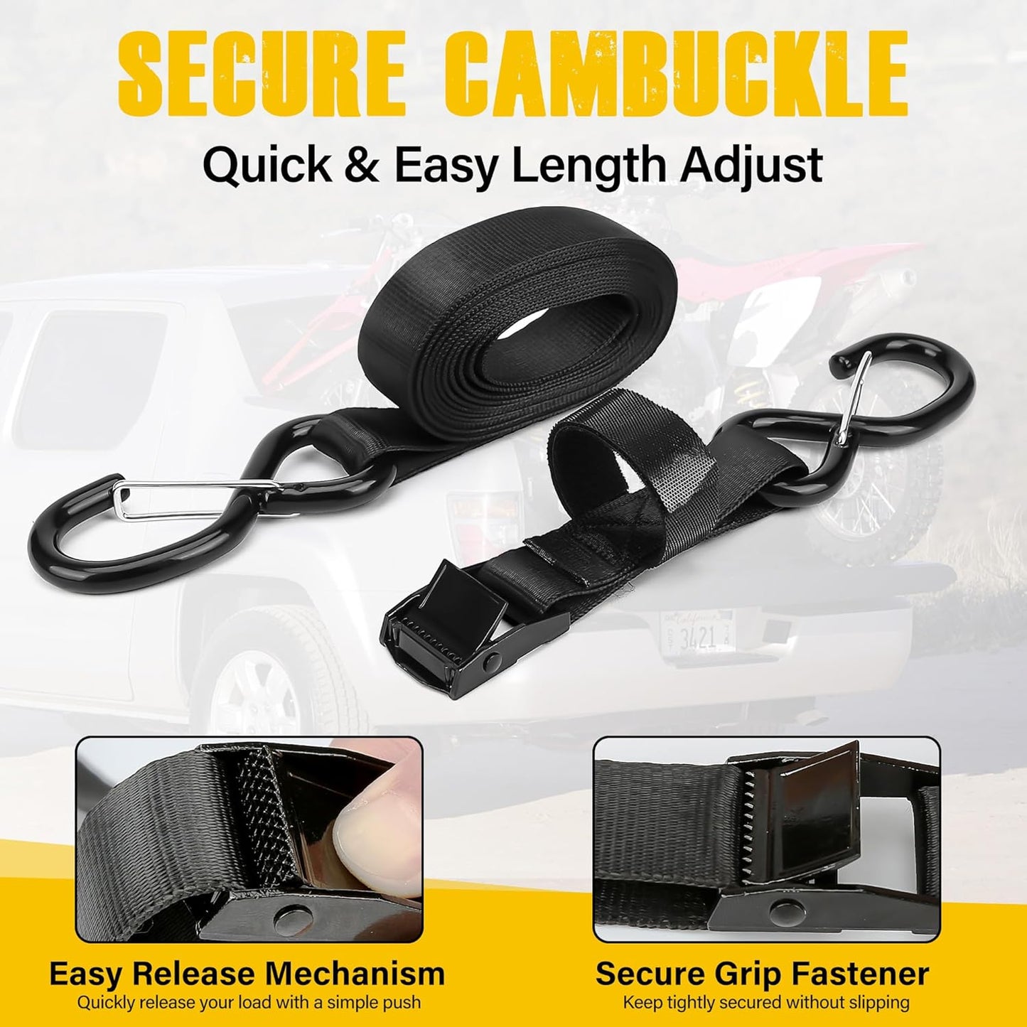 Tie Down Straps Cam Buckle, 10 Feet Heavy Duty Cam Buckle Straps with Hooks Soft Loops, 1,200lb Break Strength Cargo Motorcycle Tie-Down Straps for Trailers, Truck, Car Roof Rack, Kayaks, 4 Pack