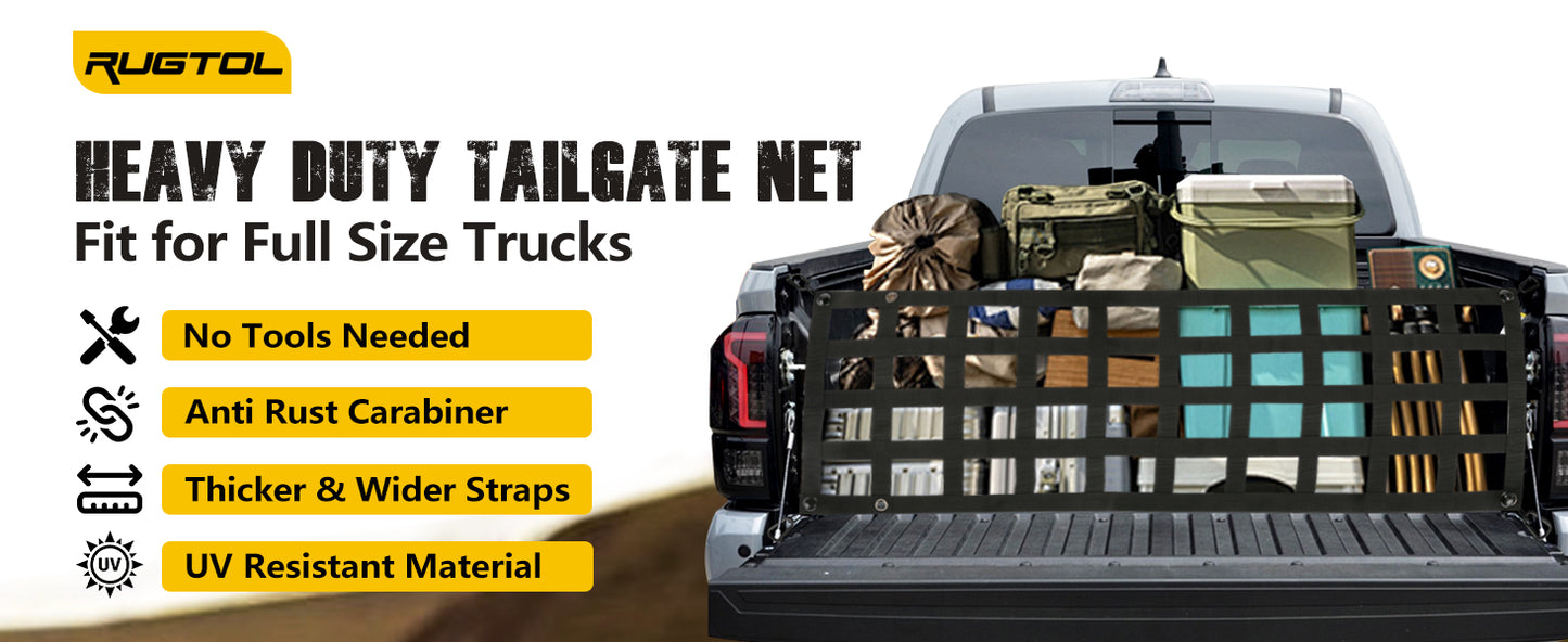 Tailgate Net - Black Heavy Duty Wide Flat Cargo Net with 4 Metal Carabiners, Easy Install Truck Tailgate Net, Perfect for Truck, Trailer, Pickup, Boat, Jeep and SUV (60" x 18")