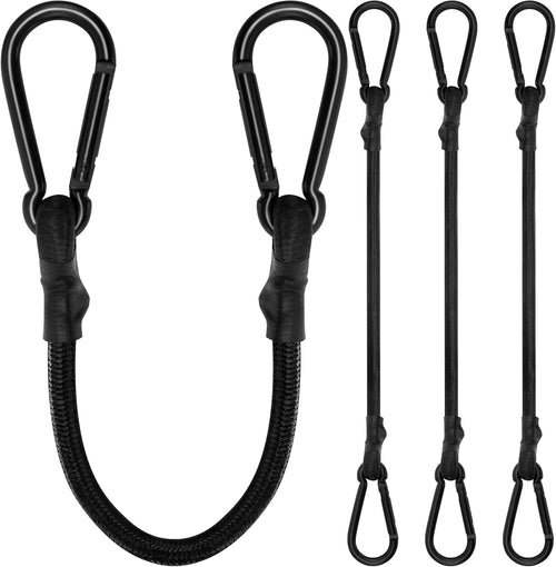 Bungee Cords with Carabiner, 12 Inch Long Heavy Duty Bungee Cords with Carabiner Clip Outdoor, 1/3 Inch Black Extra Strong Elastic Rope with Carabiner Hooks for Camping, Tarps, Bike Rack, Tent, 4 Pack