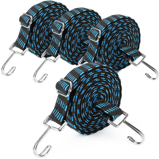 Bungee Cords with Hooks, Heavy Duty Adjustable Length Flat Bungee Straps Outdoor Tie Down Elastic Ropes, 78 inch Extra Long Large Blue Bungee Cords for Moving Bike Rack Truck Bed Garbage Cans, 4 Pack