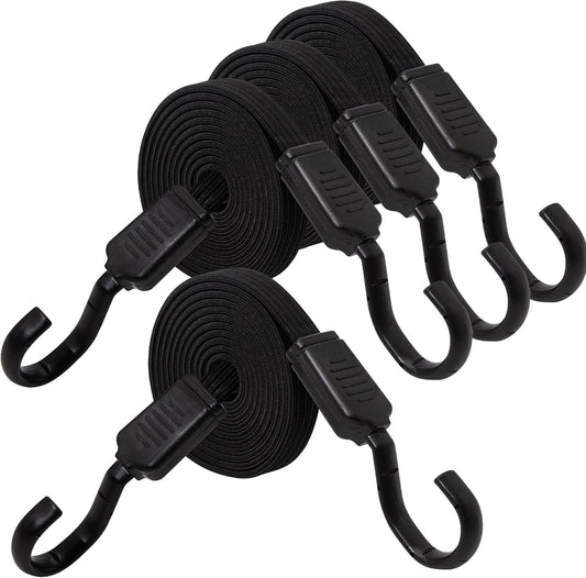 Bungee Cords with Hooks Heavy Duty, 4 Pack Long Flat Bungee Cords 80 Inch, Rubber Black Bungee Straps with Metal Buckle Hooks for Outdoor, Camping, Tarps, Bike Rack, Tent, Car, Truck