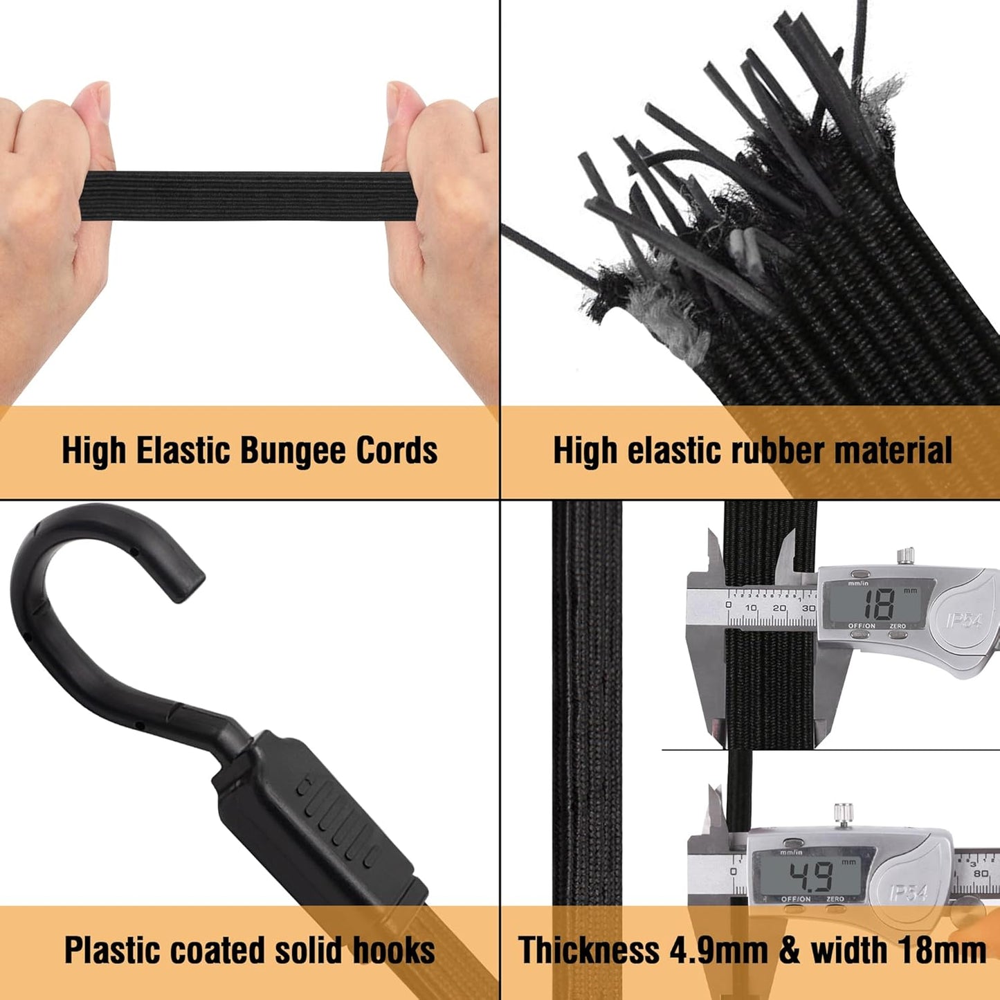 Bungee Cords with Hooks Heavy Duty, 4 Pack Long Flat Bungee Cords 80 Inch, Rubber Black Bungee Straps with Metal Buckle Hooks for Outdoor, Camping, Tarps, Bike Rack, Tent, Car, Truck