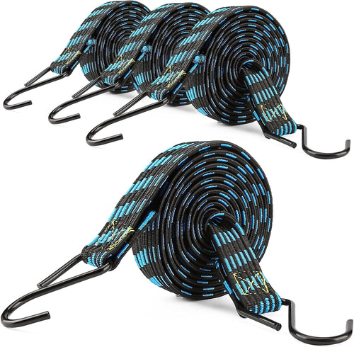 Bungee Cords with Hooks, Heavy Duty Outdoor Flat Bungee Cords 78 inch Long Tie Down Elastic Rope with Metal Hooks, Extra Large Blue Bungee Straps for Bike Rack, Tarps, Truck Car Trunk, Kayaks, 4 Pack