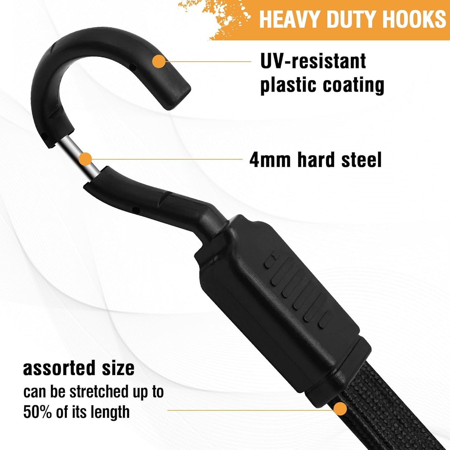 Bungee Cords with Hooks Heavy Duty, 4 Pack Long Flat Bungee Cords 80 Inch, Rubber Black Bungee Straps with Metal Buckle Hooks for Outdoor, Camping, Tarps, Bike Rack, Tent, Car, Truck