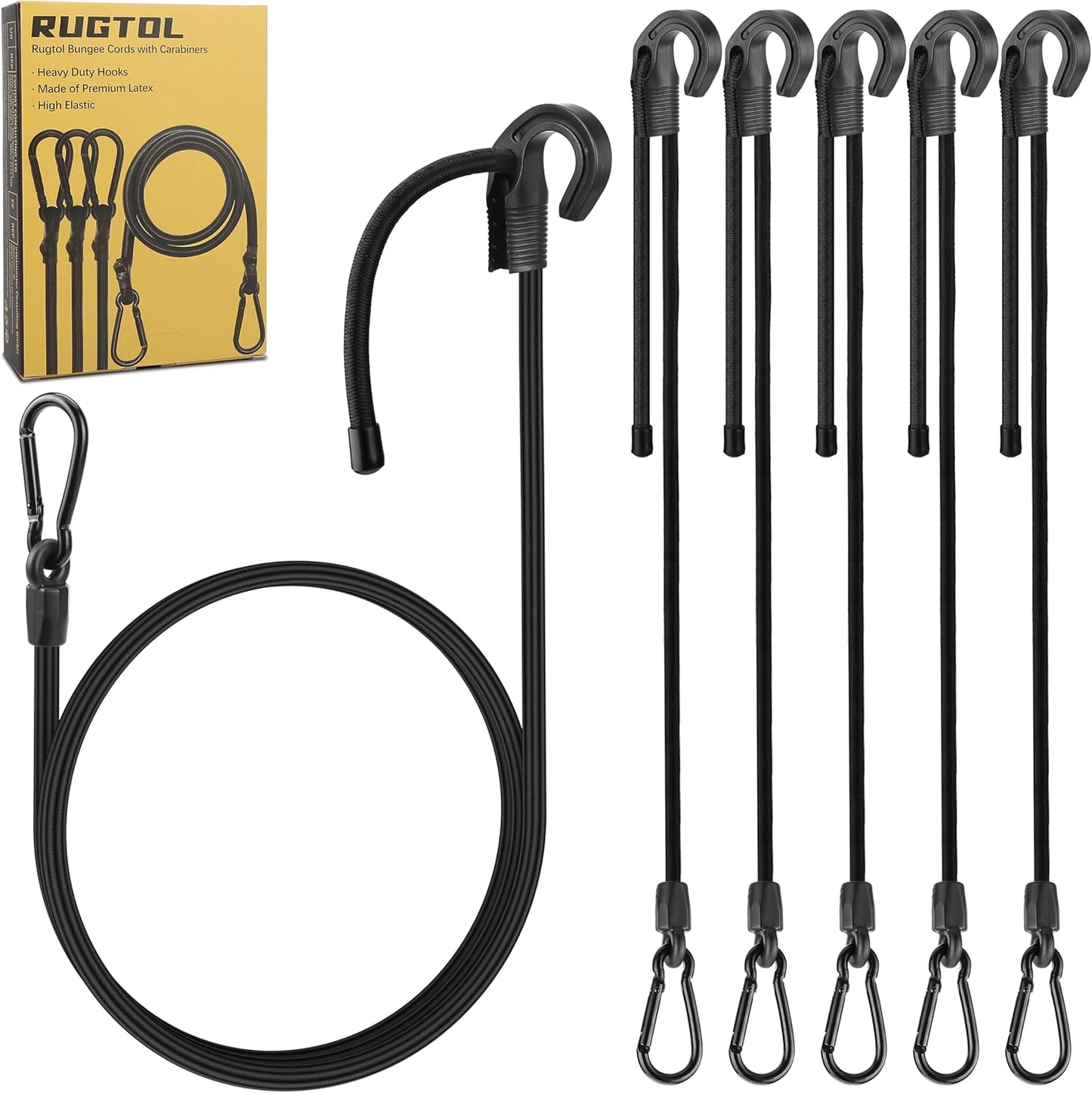 Bungee Cords with Carabiner Hooks, Adjustable Bungee Cords with Clip Heavy Duty 48 inch, Easy to Adjust Rubber Black Bungee Straps with Carabiner Hooks and Clips for Hang, Tarp, Boat Cover, 6 Pack