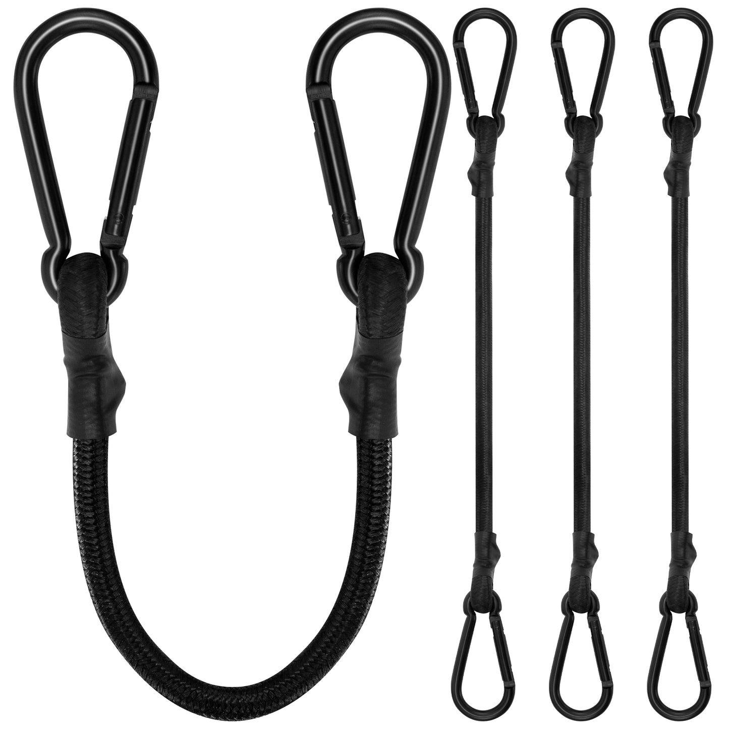 Bungee Cords with Carabiner, 12 Inch Long Heavy Duty Bungee Cords with Carabiner Clip Outdoor, 1/3 Inch Black Extra Strong Elastic Rope with Carabiner Hooks for Camping, Tarps, Bike Rack, Tent, 4 Pack