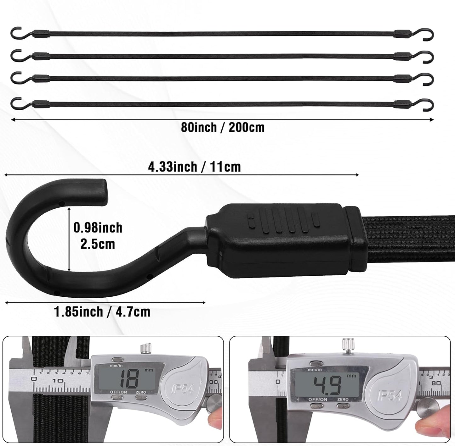 Bungee Cords with Hooks Heavy Duty, 4 Pack Long Flat Bungee Cords 80 Inch, Rubber Black Bungee Straps with Metal Buckle Hooks for Outdoor, Camping, Tarps, Bike Rack, Tent, Car, Truck