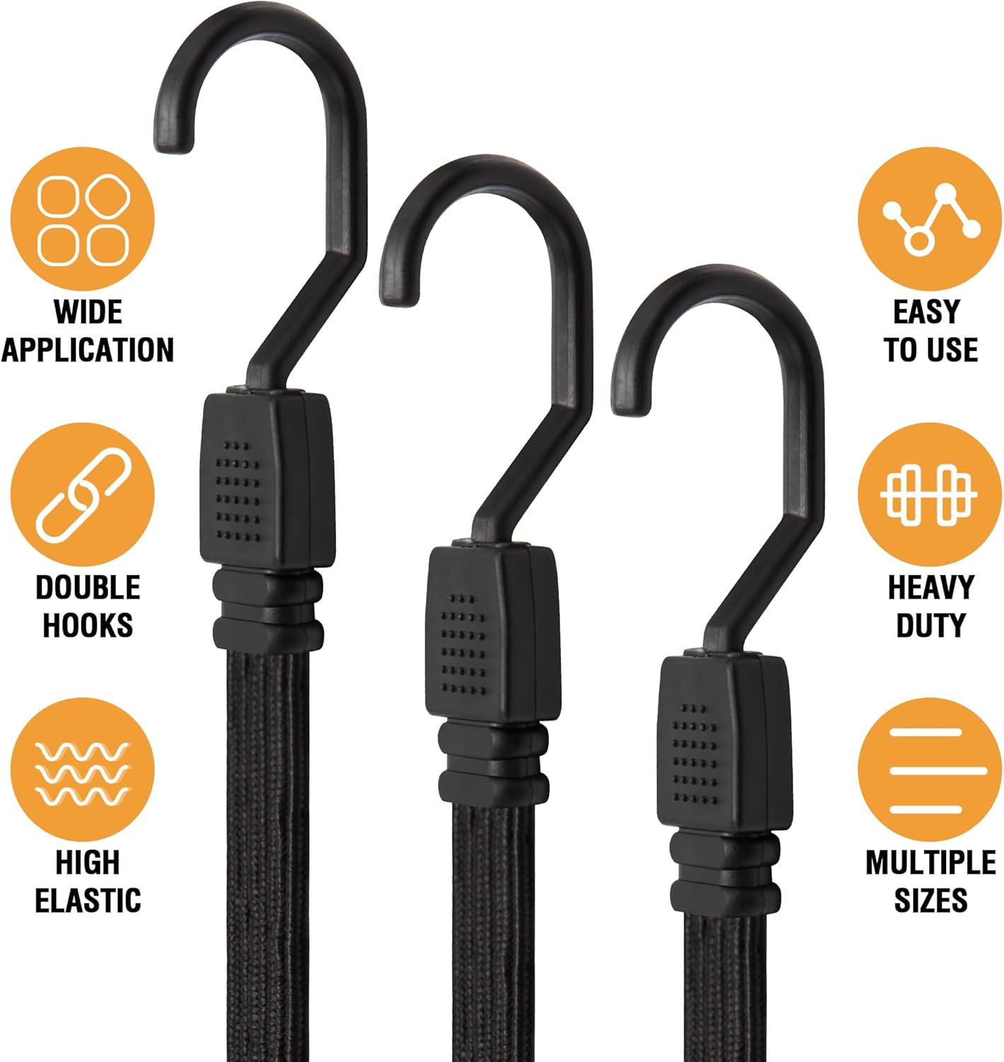 Bungee Cords with Hooks Heavy Duty, 4 Pack Long Flat Bungee Cords 80 Inch, Rubber Black Bungee Straps with Metal Buckle Hooks for Outdoor, Camping, Tarps, Bike Rack, Tent, Car, Truck