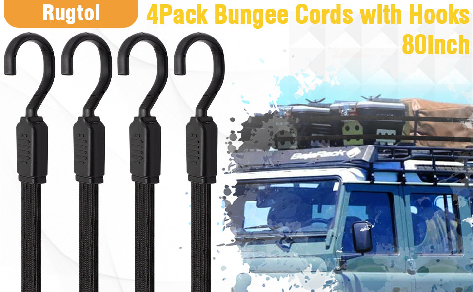 Bungee Cords with Hooks Heavy Duty, 4 Pack Long Flat Bungee Cords 80 Inch, Rubber Black Bungee Straps with Metal Buckle Hooks for Outdoor, Camping, Tarps, Bike Rack, Tent, Car, Truck