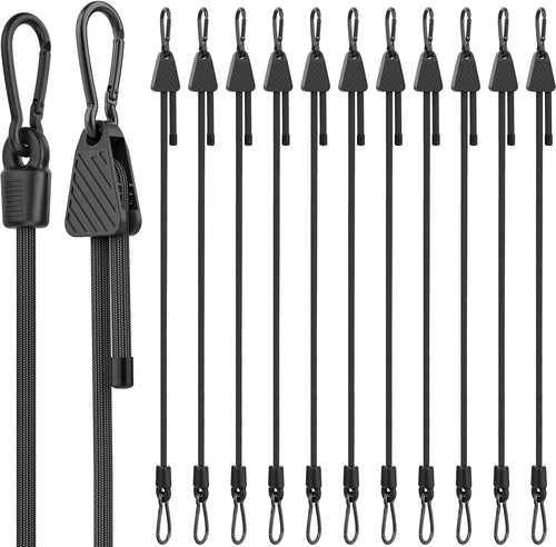 Adjustable Bungee Cords with Hooks, 12 Pack Heavy Duty Outdoor Carabiner Bungee Cord, Black Super Elastic Bungee Straps Easily Adjust from 7" to 48", Great for Cargo, Camping, Bike Racks, Tents