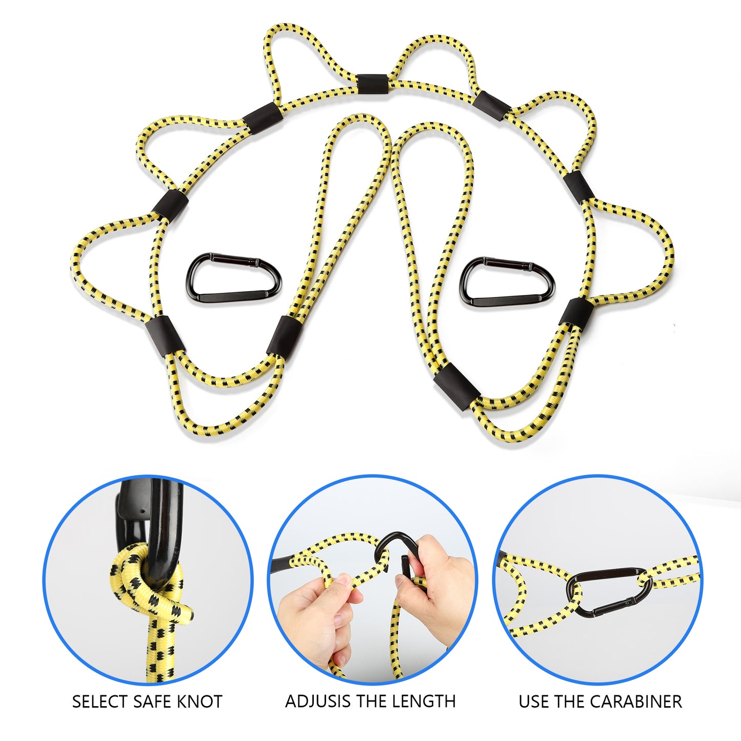 Bungee Cords with Loops, 60 Inch Long Heavy Duty Outdoor Elastic Bungee Straps with Carabiner Hooks, Rubber Tie Down Bungee Rope with Clips for Camping, Truck Bed, RV, Cargo, 2 Pack