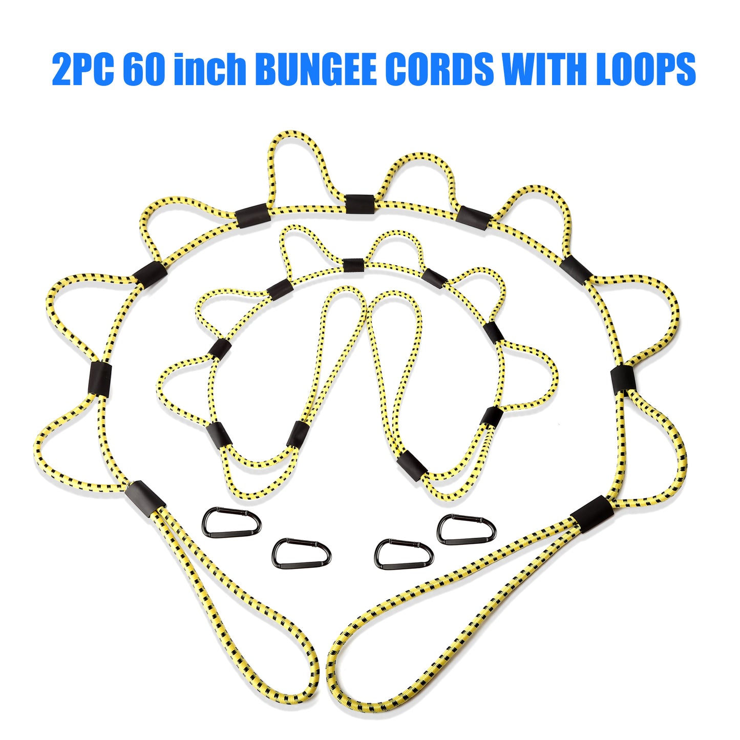 Bungee Cords with Loops, 60 Inch Long Heavy Duty Outdoor Elastic Bungee Straps with Carabiner Hooks, Rubber Tie Down Bungee Rope with Clips for Camping, Truck Bed, RV, Cargo, 2 Pack