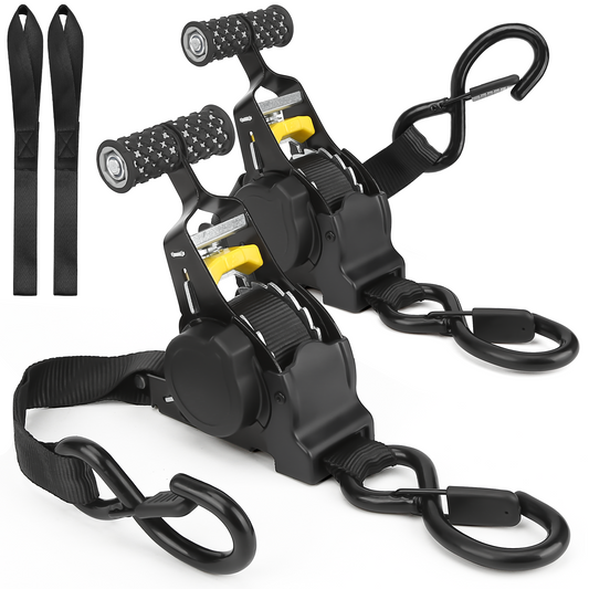 Retractable Ratchet Straps - Self Retracting Tie Down Straps with 10 FT and 1500 LB Break Strength, 2 Pack Sturdy Black Heavy Duty Auto Ratchet Strap for Securing Cargo, Truck, Motorcycle, Boat, Kayak