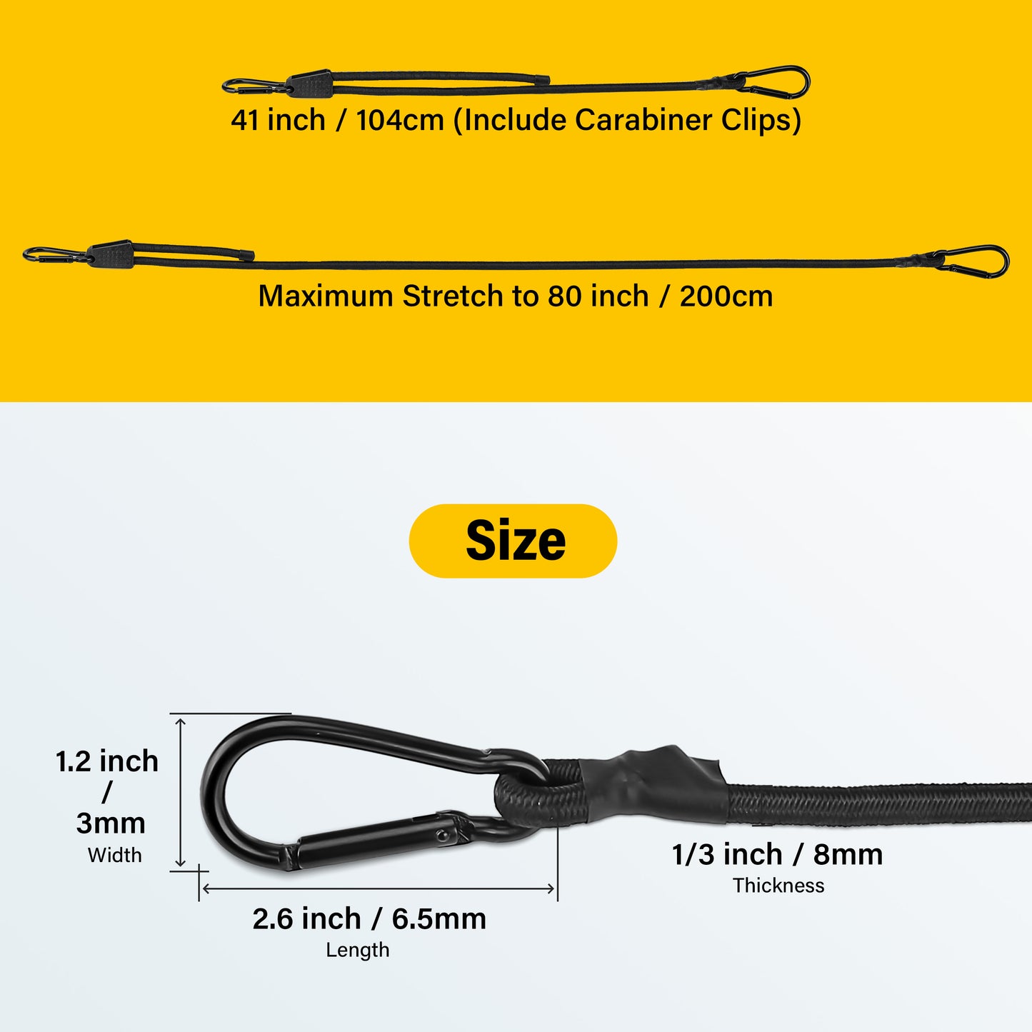 Adjustable Bungee Cords, Heavy Duty Bungee Cord with Carabiner Hooks Outdoor 40 inch Long, Adjustable Length Black Elastic Ropes Tie Downs Cable with Clips On Both Ends for Bike Rack, Tarps, Cruise